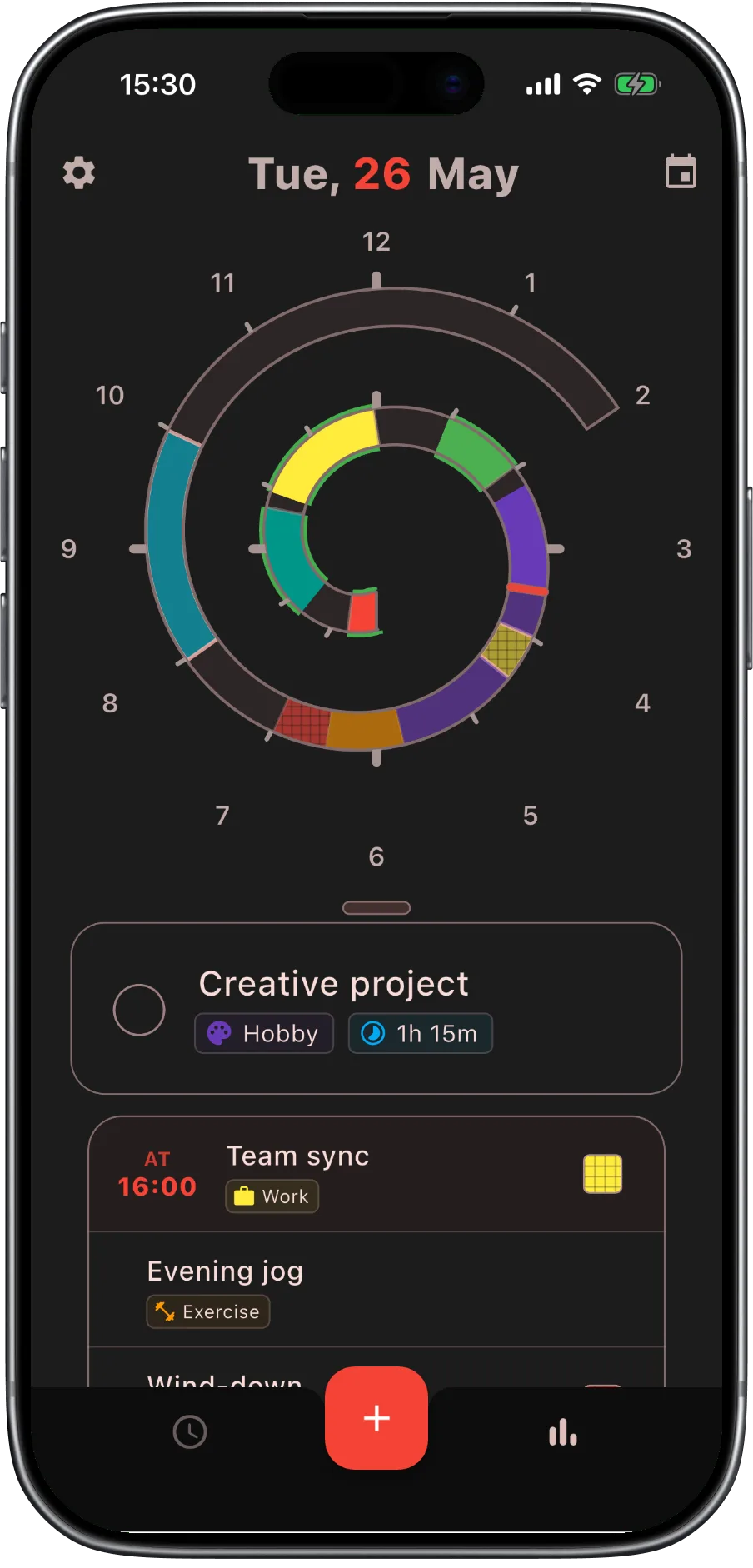 Time Spiral day planner — spiral view with scheduled tasks and events