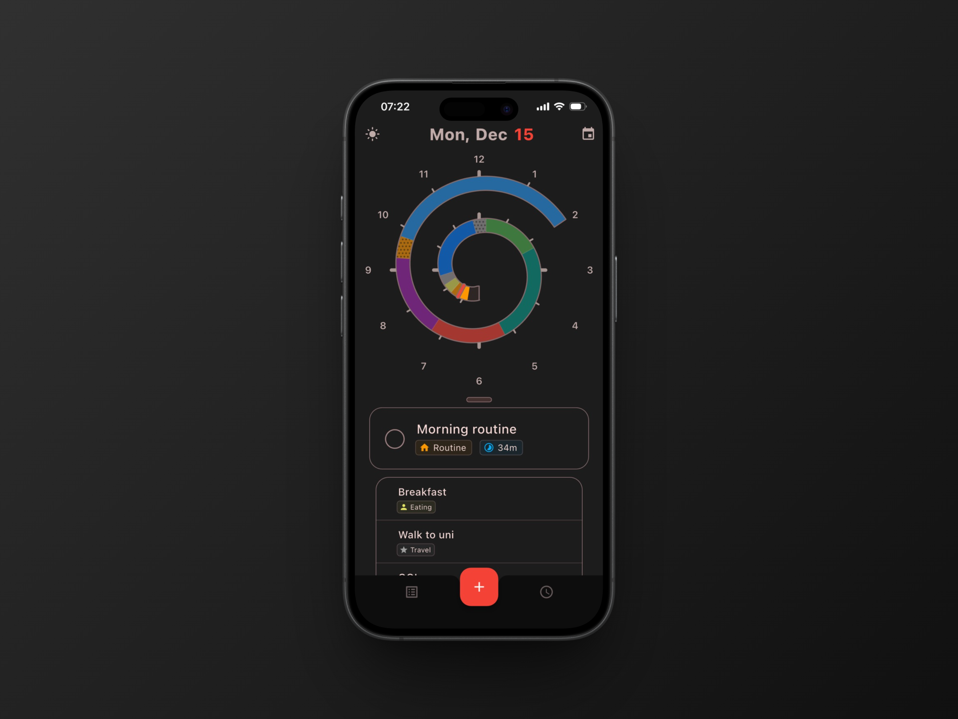 Time Spiral app showing a spiral day view with tasks